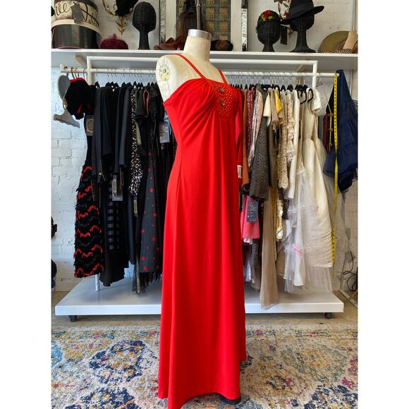 vintage 1970s red maxi dress with rhinestones and chiffon cape, s/m, mod holiday - Picture 6 of 10